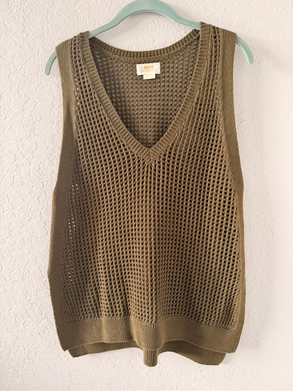 Anthropologie Maeve Olive Open Knit Crochet Transitional Sweater Vest Fall Small